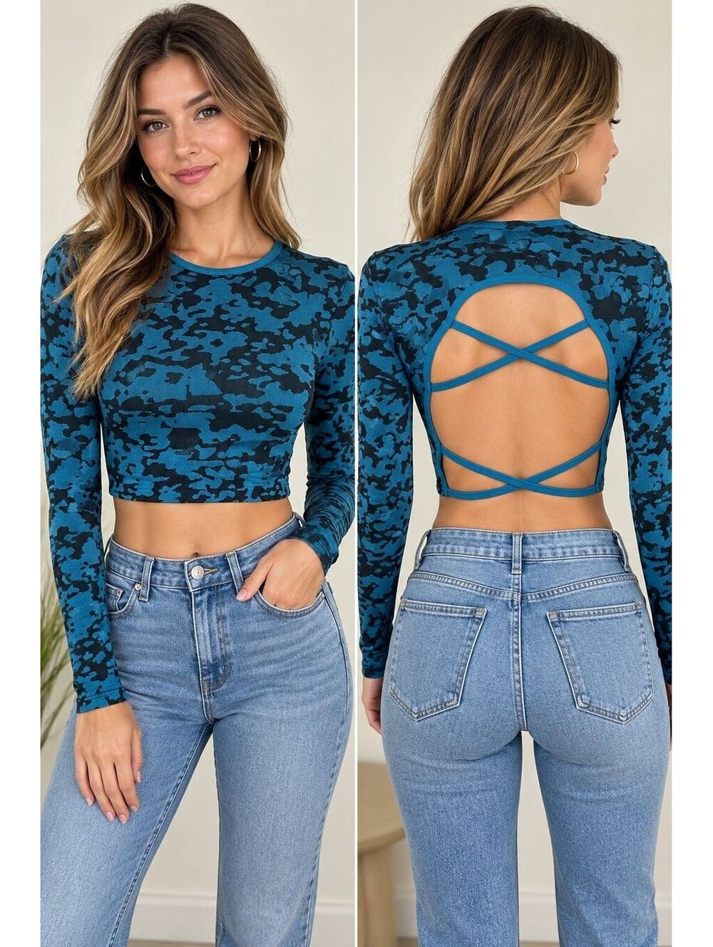 Women's Blue and Black Camouflage Long Sleeve Crop Top with Open Back Size M